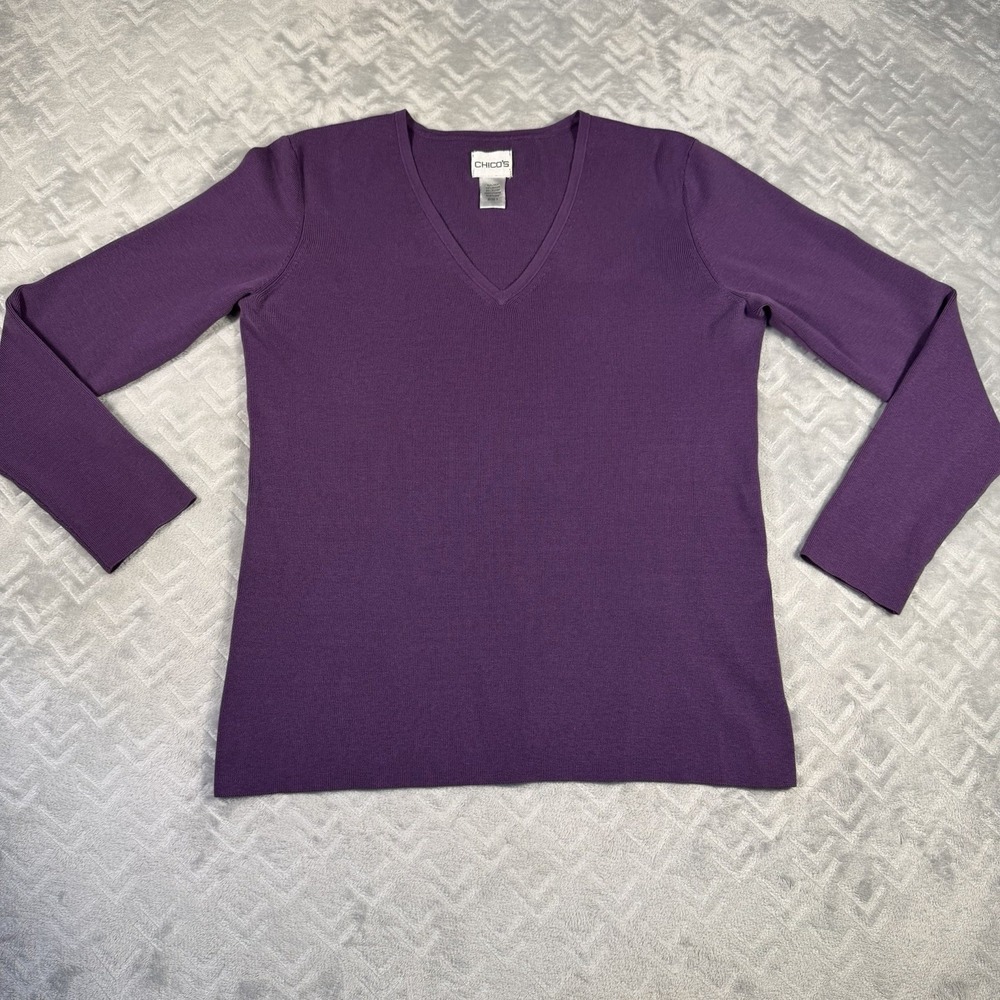 Chico's Sweater Tee Medium (1) Purple Long-Sleeve V-Neck Dressy Top Silk Blend